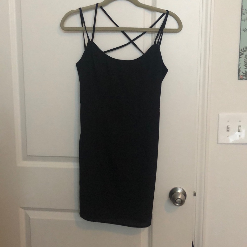 Toni black mini dress with cross back